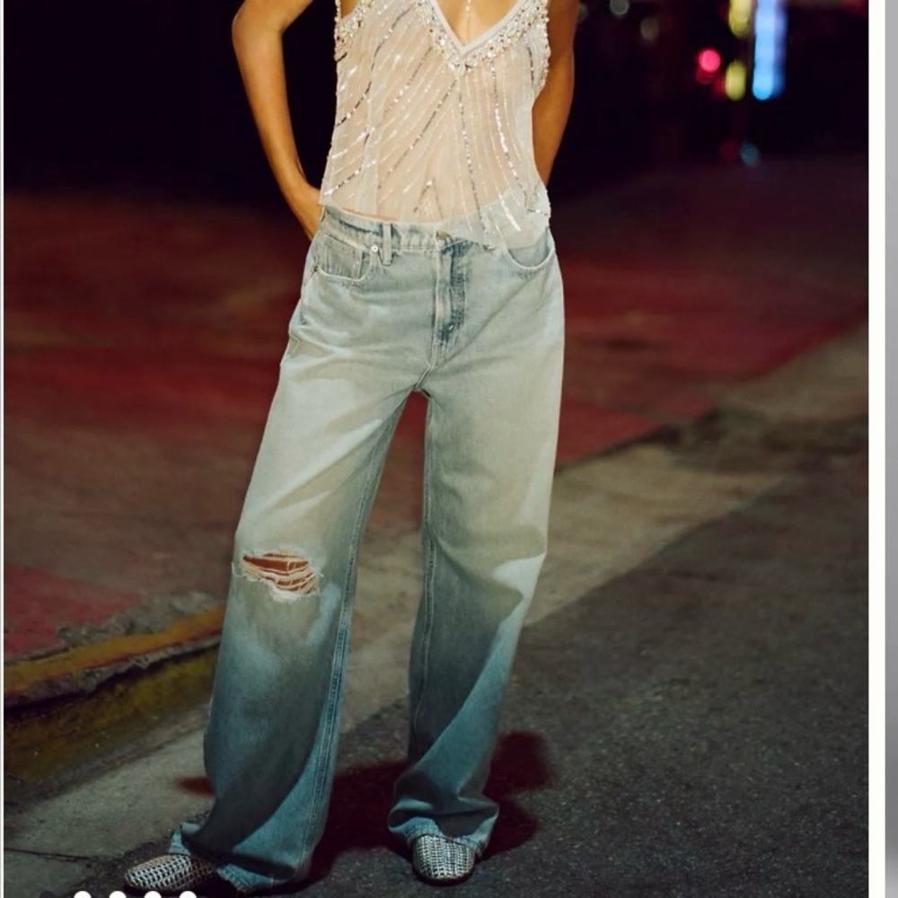 Good American Light Blue Wide-Leg Distressed Jeans